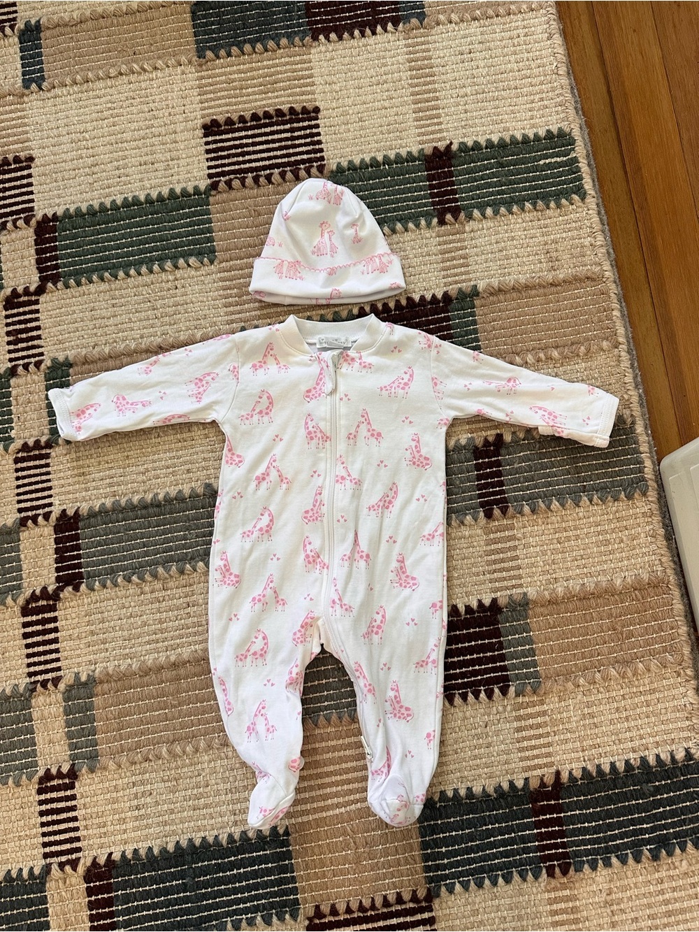 Kissy Kissy Footed One-Piece with Pink Giraffe Print and Matching Hat